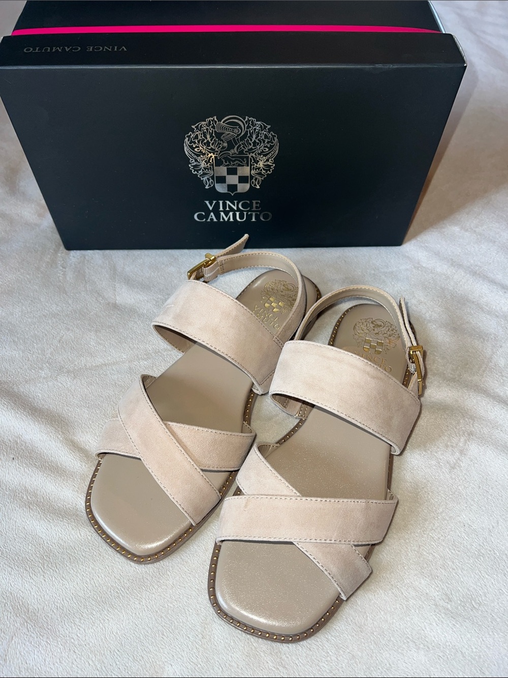 Vince Camuto Naima Women's Beige Suede Crisscross Sandals